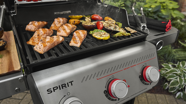 Filets de saumon grillés et légumes assortis sur un gril Spirit en acier inoxydable, entouré d'un feuillage vert luxuriant.